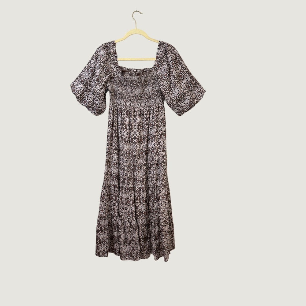 Noonday Collection Geometric Smocked Dress Brown Cottagecore Prairie 1 (Small)